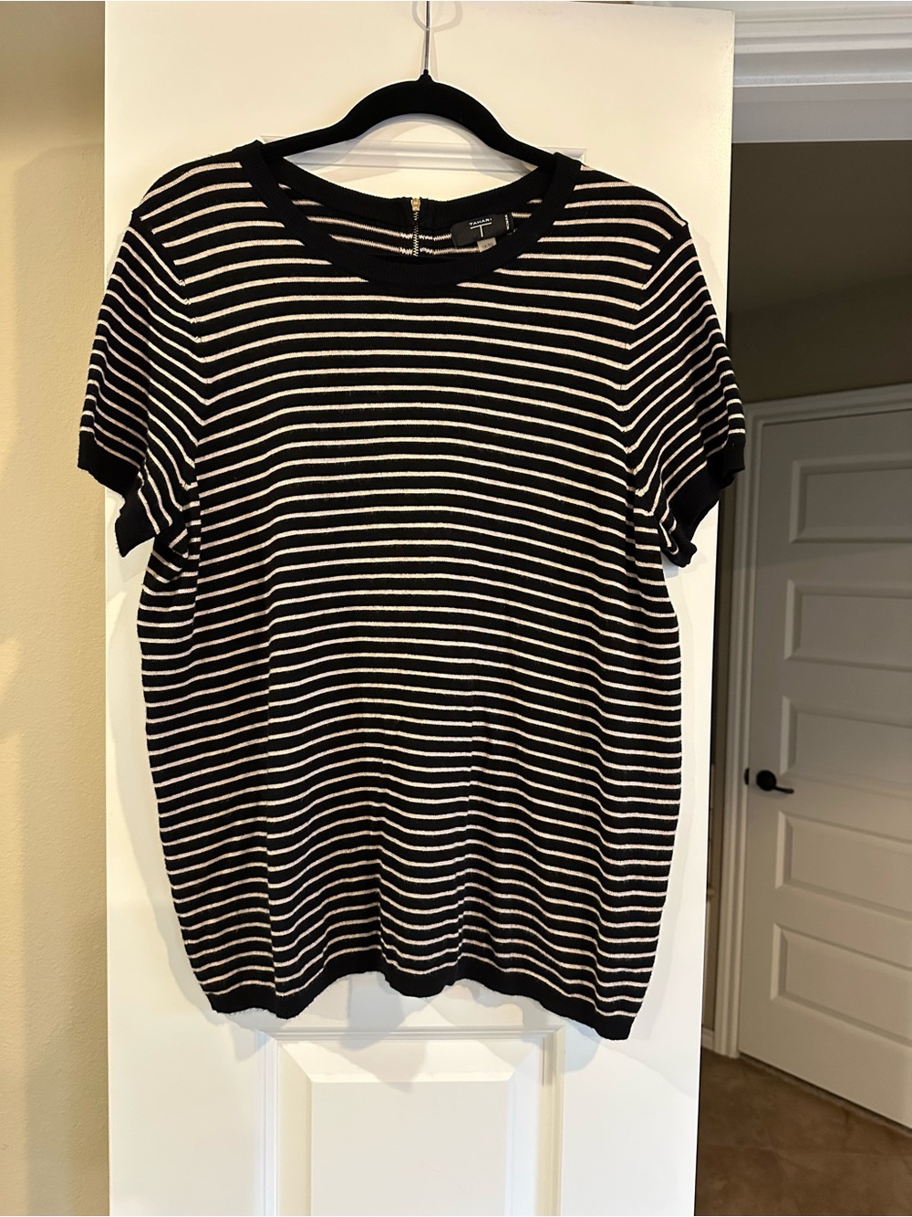 Tahari Black and White Striped Short Sleeve Knit Top
